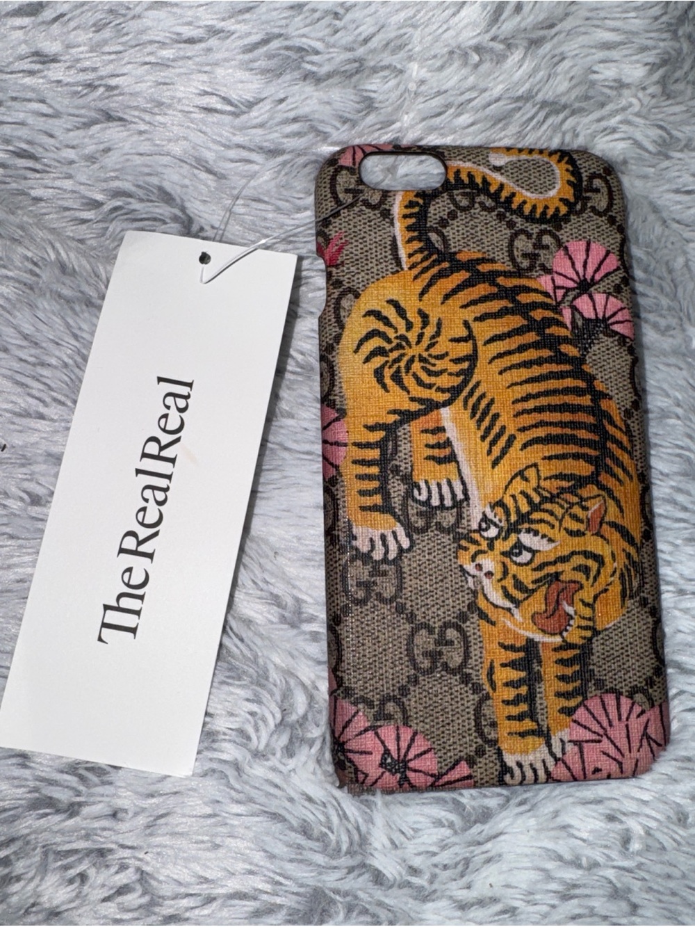 Gucci Brown Tiger Print Phone Case with Pink Floral Accents